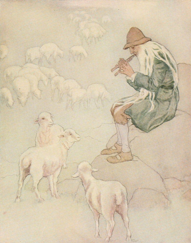 Grannys Wonderful Chair 1916 Man playing pipe in sheep Canvas Art - Katharine Pyle (18 x 24)
