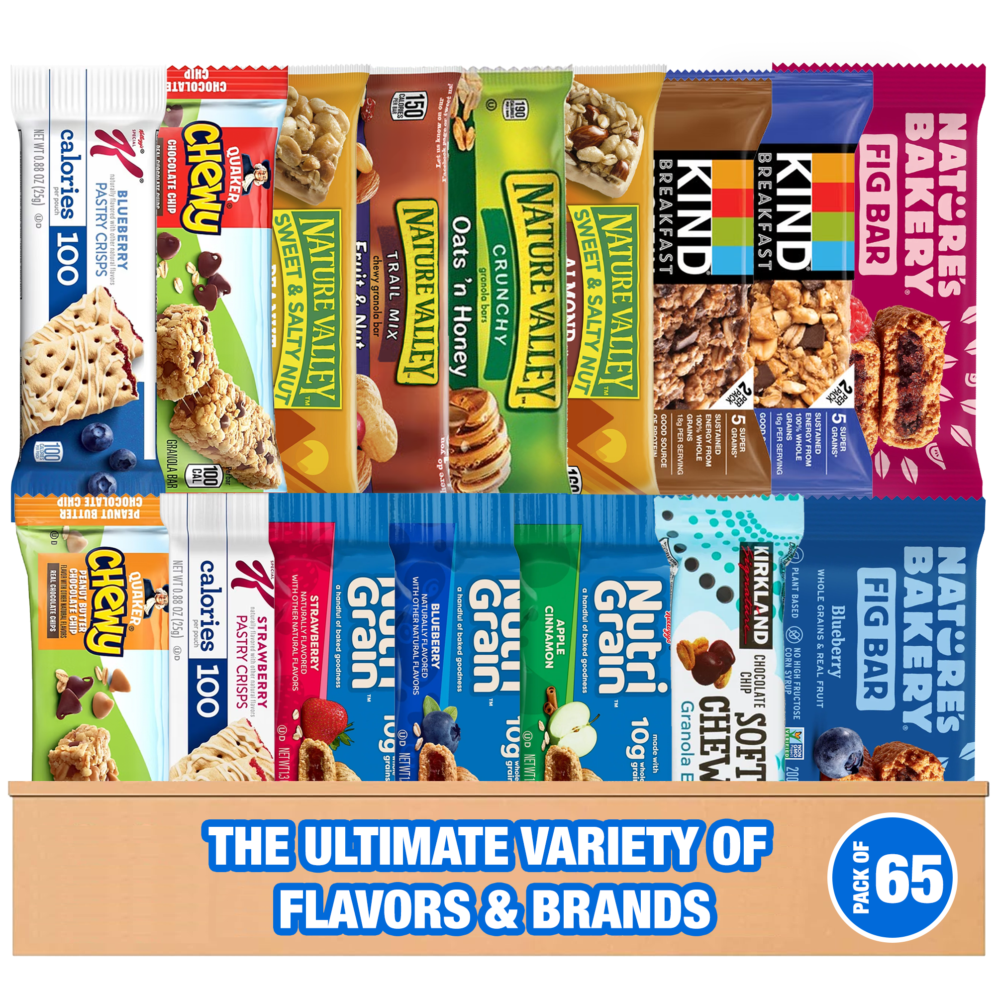 Granola Bars Bulk Variety Pack – 65 Count Healthy Granola Bars Variety Snack Box – Office Snacks & Healthy Breakfast Bars for Adults and Kids – Grab and Go Assorted Flavors