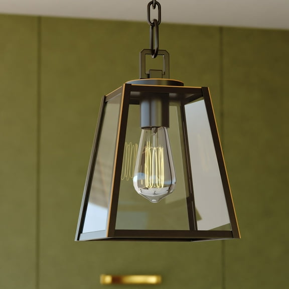 Grant 1-Light 7 in. Wide Burnished Bronze Farmhouse Lantern Mini Pendant Light with Clear Glass Shade, Ceiling Fixture