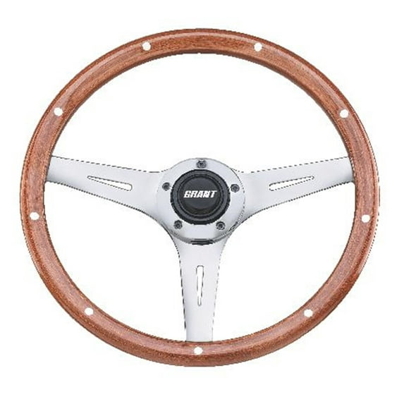 Grant 1175 Collectors Edition Steering Wheel; 14 1/2 in. Diameter; 3 in. Dish; Mahogany Wood Grip w/Rivets; Polished Aluminum 3-Spoke Design; Includes Styling Sleeve;