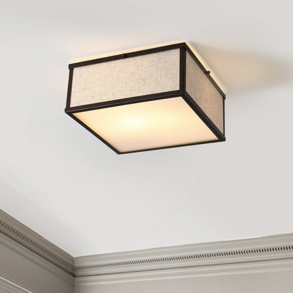 JONATHAN Y Grant 14.13" 2-Light Minimalist Industrial Square Linen Iron LED Flush Mount, Oil Rubbed Bronze/Beige, JYL1311A