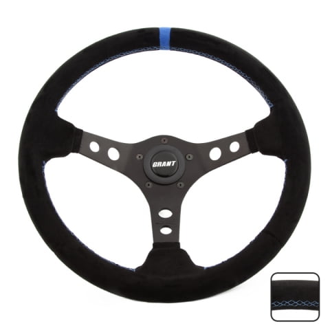 Grant 696 Steering Wheel - Suede Series - 13-3/4 in - 3-Spoke - 3-1/2 in Dish - Black Suede Grip - Blue Stripe - Aluminum - Black Anodized