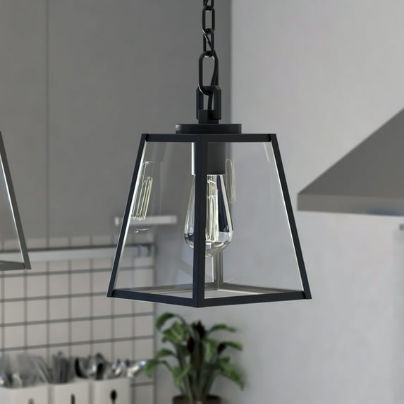 Grant 7-in Black Indoor Outdoor Farmhouse Mini Pendant Lantern, 1-Light Hanging Ceiling Light with Clear Glass Panels