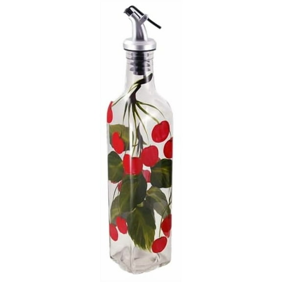Grant Howard 16 oz Glass Oil and Vinegar Cruet – Hand Painted Cherries Design with Easy Pour Spout