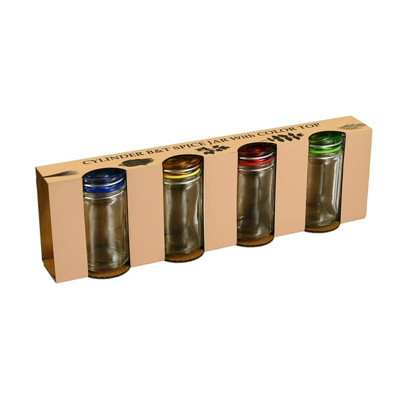 Grant Howard Cylinder Spice Jars with Color Airtight Hinged Lid, 4 Sets 3 Ounces, Glass Food Storage Canning Container, Clear
