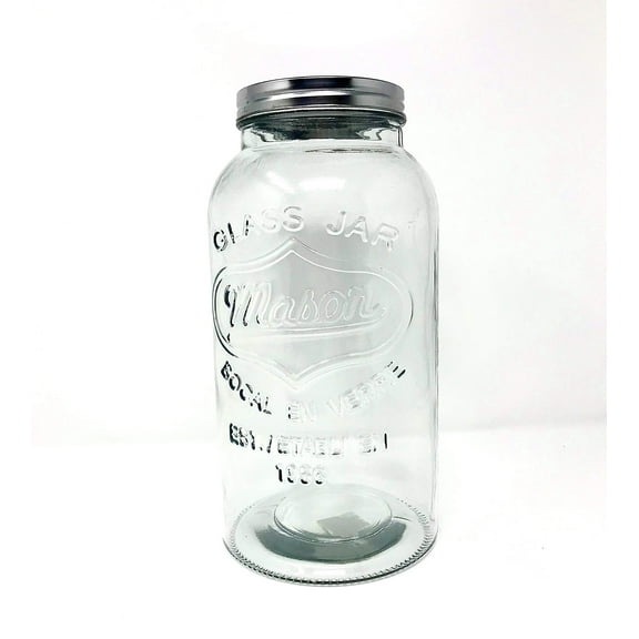 Grant Howard Jumbo 140 oz Embossed Mason Glass Jar Round Storage Container for Flour, Sugar, Pasta, and More