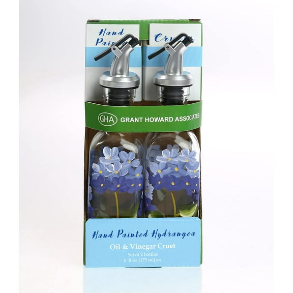 Grant Howard Hand Painted Mini Oil and Vinegar Glass Cruet with Pourer, 2 Set, Blue Hydrangea, 6 oz
