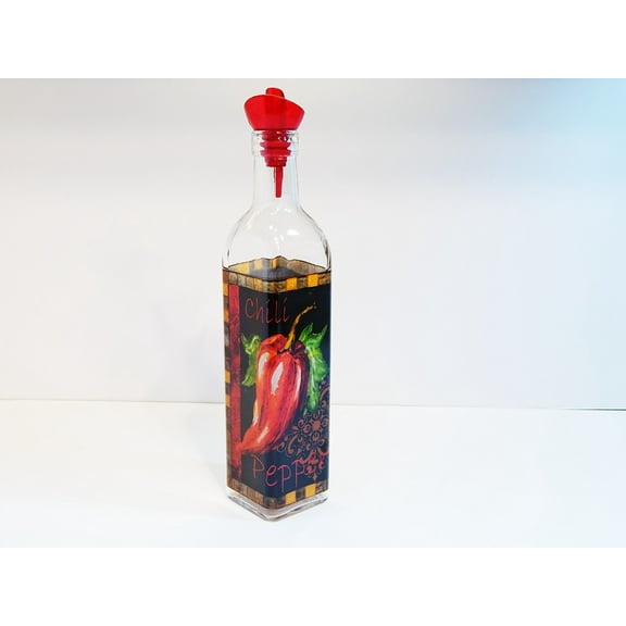 Grant Howard 16 oz Red Chili Hand-Painted Glass Oil & Vinegar Cruet with Ergo Pourer – Multicolored Kitchen Décor