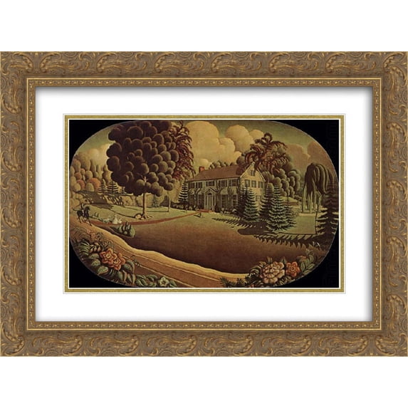 Grant Wood 2x Matted 24x18 Gold Ornate Framed Art Print 'The Painting, on the fireplace '