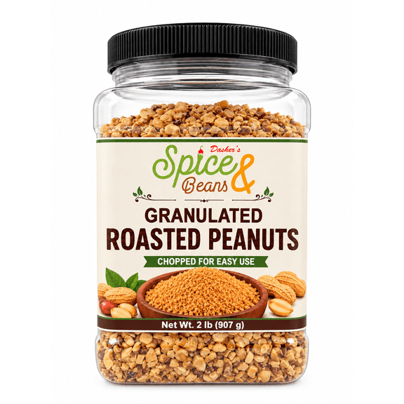 Granulated Roasted Peanuts 2 lb - Chopped Peanut Topping for Ice Cream, Baking, Desserts, Candy Apples & Snacks - Bulk Resealable Container - Dashers Spice & Beans