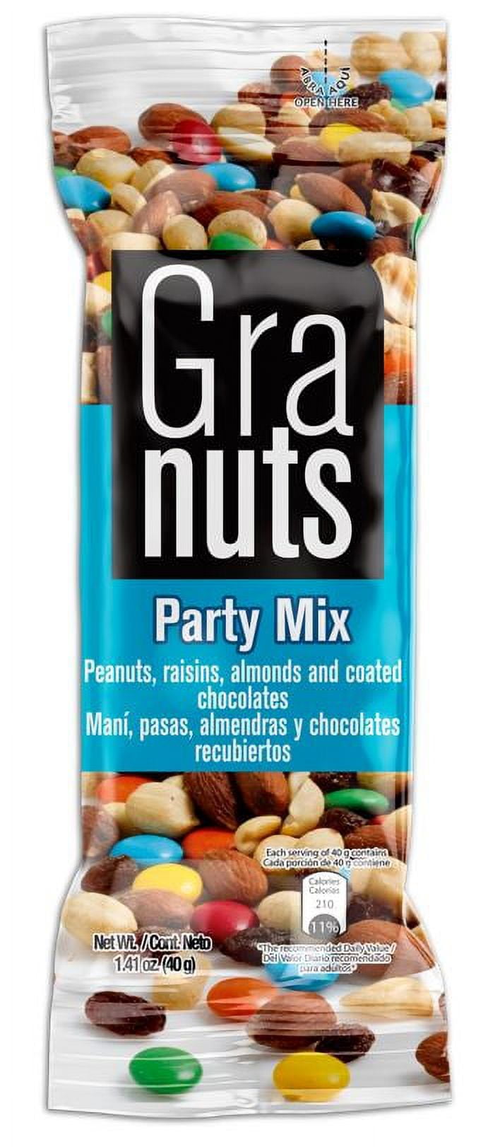 Granuts Party Mix, 1.41 oz Bag – Contains peanuts, almonds, and gluten (allergens). Shellfish-free.
