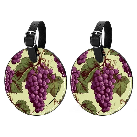 Grape 2pcs PU Leather Round Bag Tags with Privacy Cover and Name ID Tag - Suitcase Tags for Travel Luggage, Handbags, Backpacks, School Bags