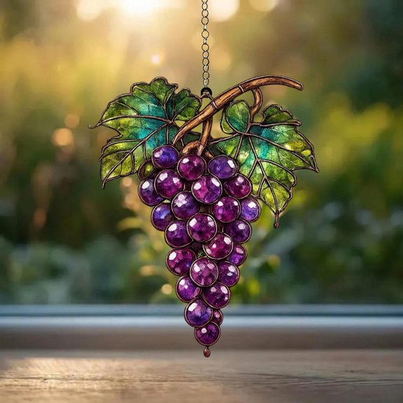 Grape Acrylic Suncatcher, Vineyard Window Hanging, Purple Fruit Decor, Rustic Kitchen Gift