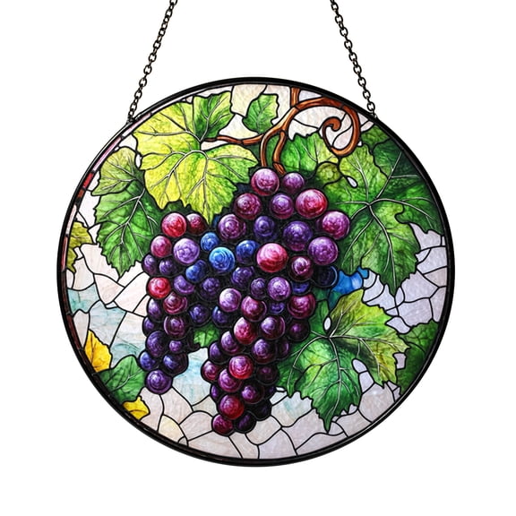 Grape Cluster Fruit Stained Glass Style Suncatcher Window Hanging Decor, Vineyard Grape Decorative Glass Panel Art for Kitchen Window Decoration Ornament