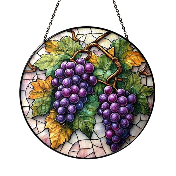 Grape Cluster Stained Glass Window Suncatcher, Rustic Vineyard Art Hanging Decor