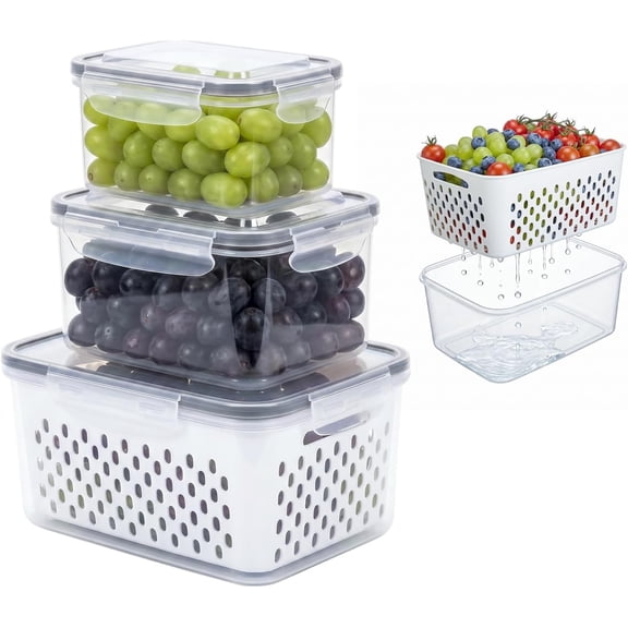 Grape Container for Fridge with Colander, Leakproof Fruit Storage Containers, Airtight Produce Saver with Lids, Stackable Design, Single or 3-Pack
