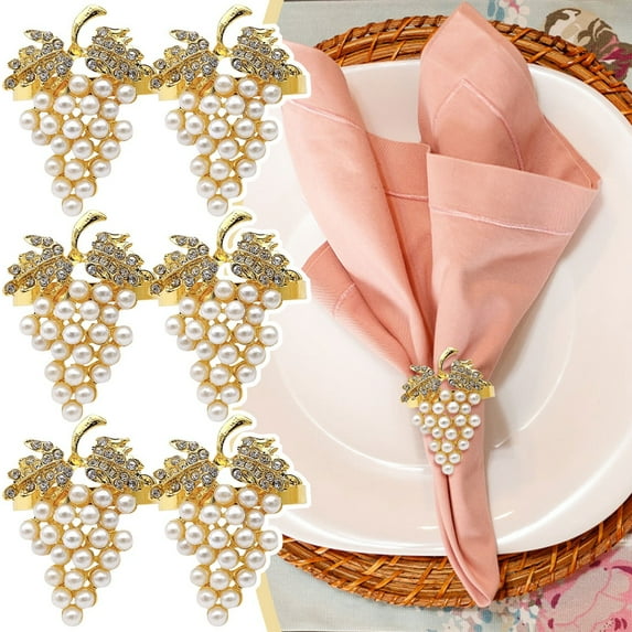 Grape Design Napkin Rings With Pearl & Diamond Replicas - Pearl & Diamond Replicas - 6-Piece Alloy Gold Napkin Holders - For,Daily Dining