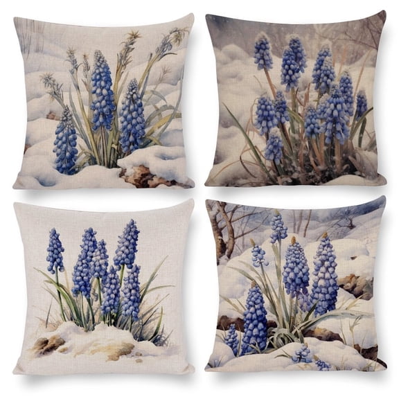 Grape Hyacinths in Snow Linen Pillow Cover 16"x16" Set of 4 Floral Vector Illustration Art Painting Cushion Pillow Cover for Living Room Bedroom Couch Sofa Chair Bed Pillow Covers Home Outdoor