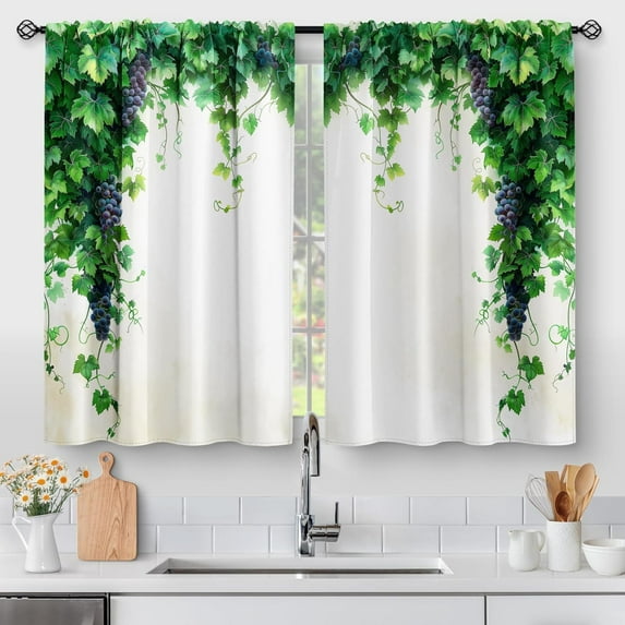 Grape Leaves Kitchen Curtains - Plant Vine Botanical Cafe Farmhouse Small Short Tier Window Curtains for Bathroom Living Dining Room Decor Rod Pocket Window Drapes 36 Inch Length Set 28"x36"