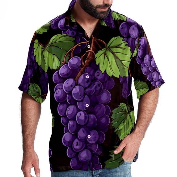 Grape Men's Hawaiian Shirt, Short Sleeve Printed Button Down Beach Casual Tops, Summer Spread Collar Men's Shirts