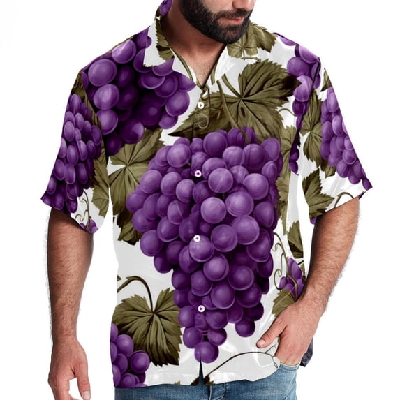 Grape Men's Short Sleeve Poplin Shirts, Casual Printed Button Down Tops for Summer Beach, Unisex with Spread Collar