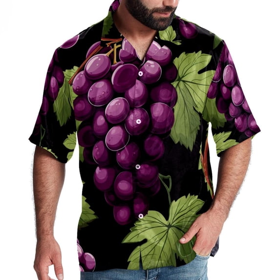 Grape Men's Short Sleeve Printed Poplin Beach Shirts with Spread Collar - Casual Button Down Summer Tops for Unisex