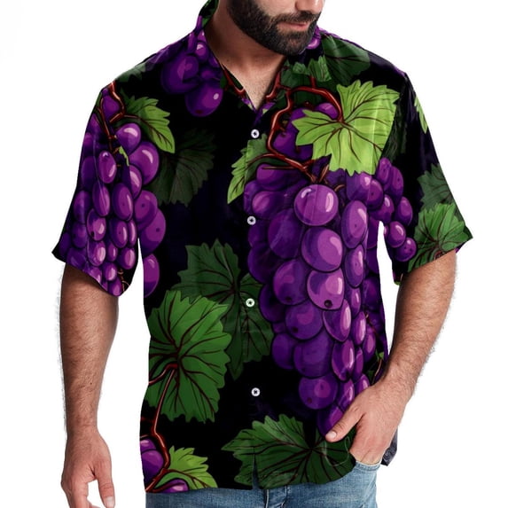Grape Men's Short Sleeve Spread Collar Button Down Beach Print Casual Shirts