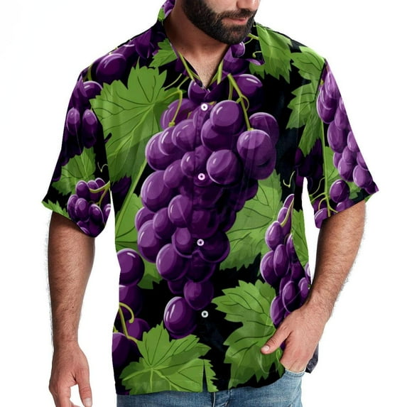 Grape Men's Short Sleeve Spread Collar Tops, Casual Button Down Shirts, Printed Summer Beach Shirts, Unisex
