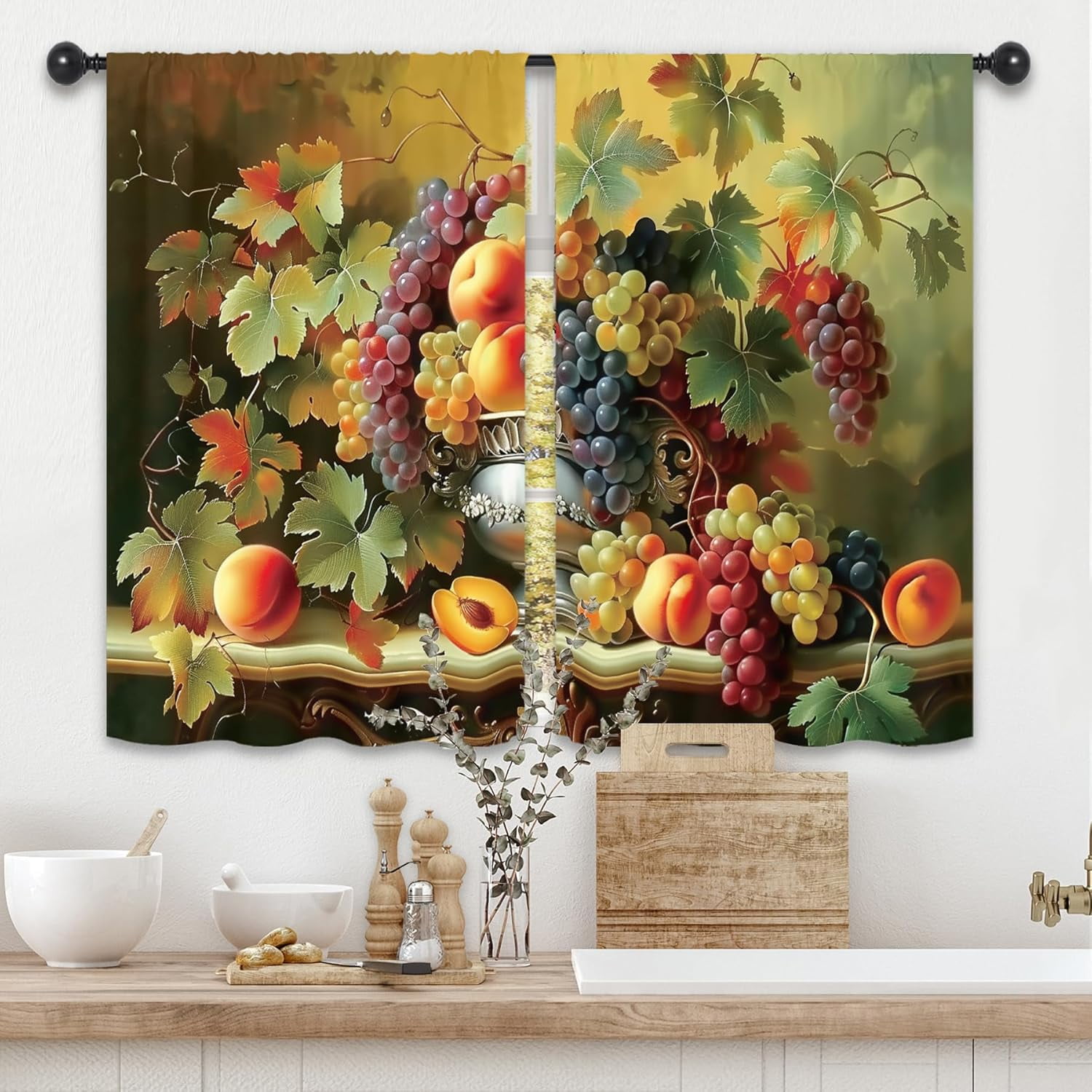 Grape Kitchen Grape Peach Fruit Kitchen Curtains Food Vintage Farmhouse Rustic Retro ...