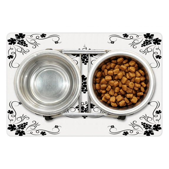 Grape Pet Mat for Food and Water, Curlicue with Leaves Silhouettes Ornamental Style on a Plain Background, Non-Slip Rubber Mat for Dogs and Cats, 18" X 12", by Ambesonne