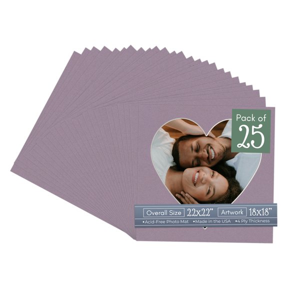Grape Purple Picture Frame Mat for 22x22 Frames - Heart Opening for 18x18 Photos - 25 Mats