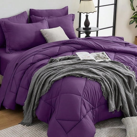 Grape Purple Queen Comforter Set - 7-Piece All Season Bed in a Bag Queen Ultra Soft Bedding Set with Comforter Flat Sheet Fitted Sheet Pillowcases Pillow Shams