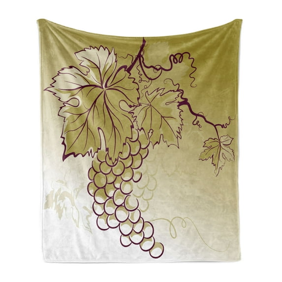 Grape Soft Flannel Fleece Throw Blanket, Fruits with Leaves on Ombre Effect Background Organic Illustration, Cozy Plush for Indoor and Outdoor Use, 50" x 60", Khaki Eggshell, by Ambesonne