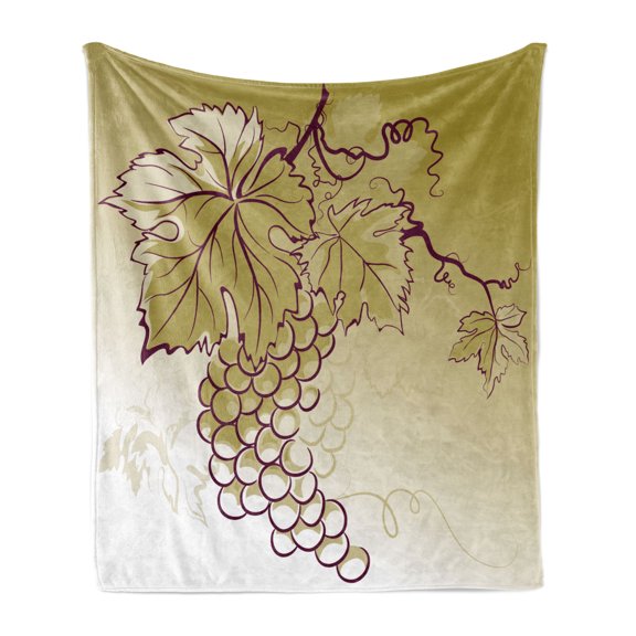 Grape Soft Flannel Fleece Throw Blanket, Fruits with Leaves on Ombre Effect Background Organic Illustration, Cozy Plush for Indoor and Outdoor Use, 60" x 80", Khaki Eggshell, by Ambesonne