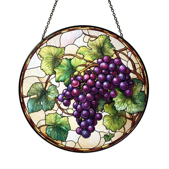 Grape Stained Glass Suncatcher with Purple Cluster Design, Vintage Vineyard Style Kitchen Window Decor