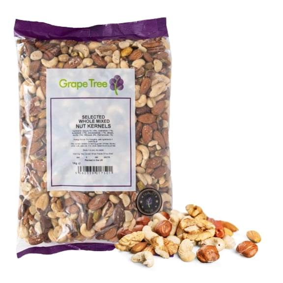 Grape Tree Whole Mixed Nuts Kernels (1KG). Natural Nut Mix Containing Almonds, Hazelnuts, Cashews, Brazil Nuts, Walnuts, Pistachios, Pecans & Macadamias. Good Source Of Protein. Perfect For Snacking.