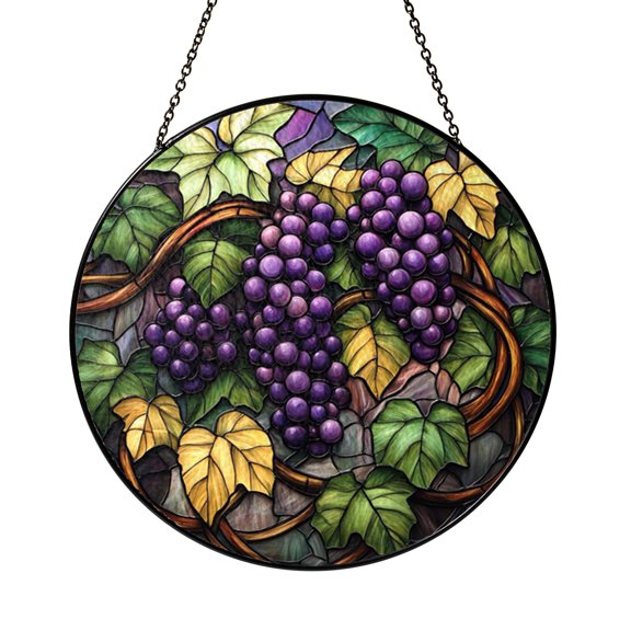 Grape Vines Stained Glass Suncatcher Window Hanging, Round Vineyard Inspired Kitchen Farmhouse Decor