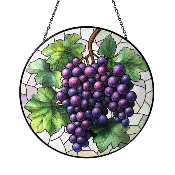 Grape Vineyard Fruit Stained Glass Suncatcher, Decorative Kitchen Window Hanging Art Glass Panel Accent
