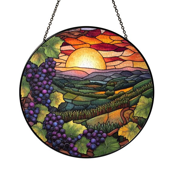 Grape Vineyard Scene Stained Glass Style Window Hanging Suncatcher, Rustic Countryside Decor Panel for Home Accent