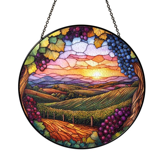 Grape Vineyard Scene Stained Glass Style Window Suncatcher