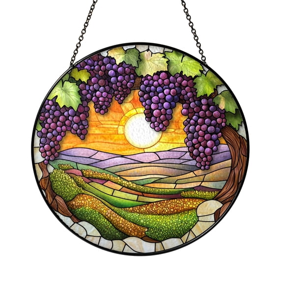 Grape Vineyard Window Suncatcher with Stained Glass Effect, Decorative Countryside Window Art