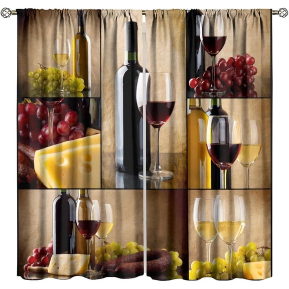 Grape Wine Blackout Curtains, Collage On Vintage Backdrop Glasses Fruit Grapes Rustic Country Theme Window Drapes, for Living Room Bedroom Kitchen 42" W X 54" L