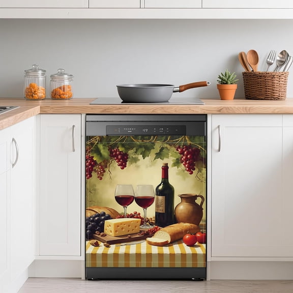 Grape Wine Dishwasher Magnets Decorative Cover,Rustic Farmhouse Cheese Bread Waterproof Magnetic Dishwasher Cover Panel,Refrigerator Magnet Cover for Kitchen Home Decor 23x26 Inch