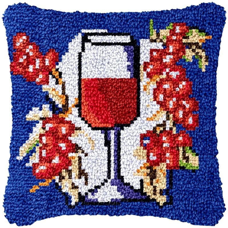 Grape & Wine Latch Hook Pillow Cover Kits for DIY Handmade Throw Pillow Cross Stitch Latch Hook Pillowcase Rug Kits with Preprinted Color Pattern Canvas Crochet Yarn Kits 17''X 17''(ys121)