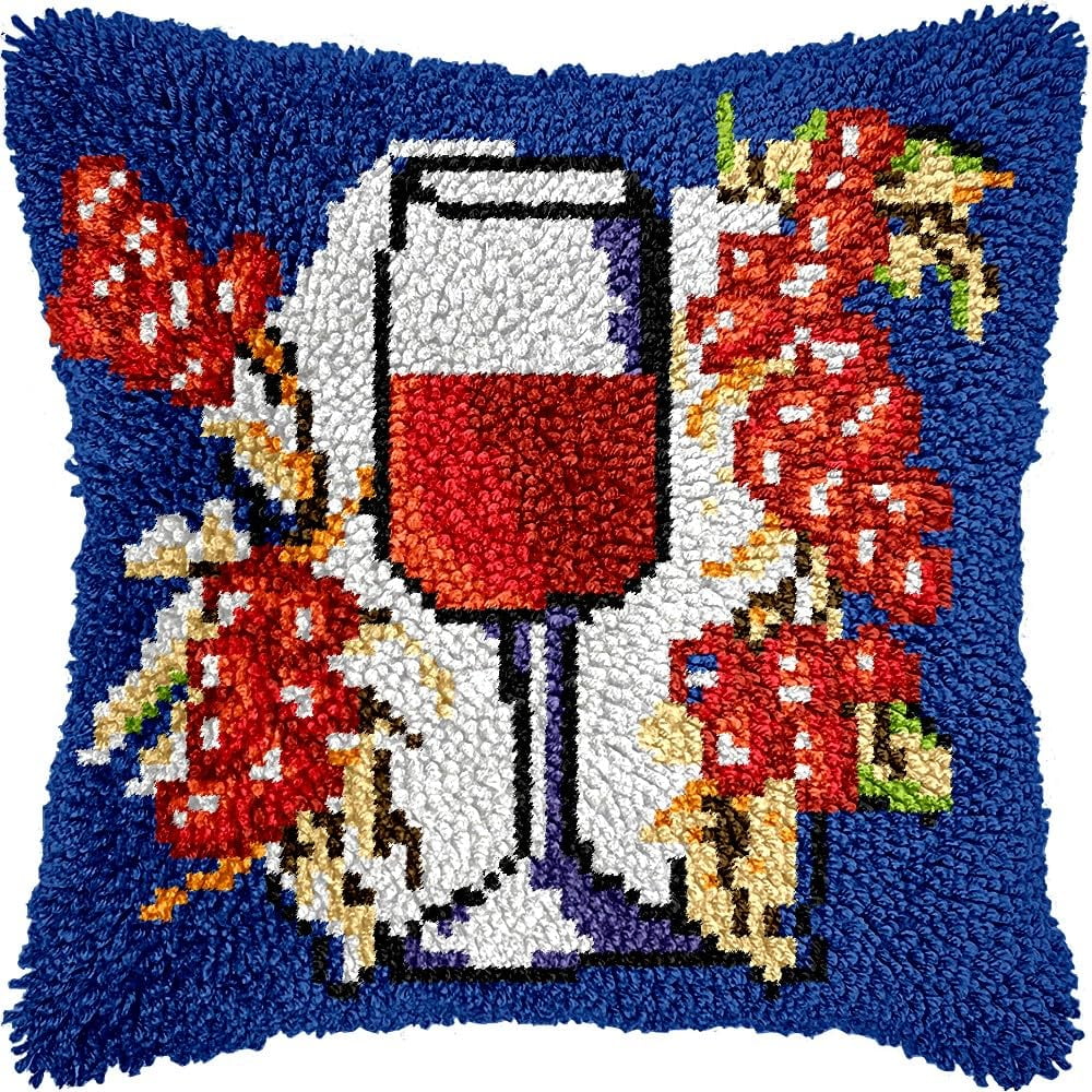 Grape Wine Latch Hook Pillow Kits for DIY Throw Pillow Cushion Embroidery Latch Hooking Pillowcase Kits with Preprinted Canvas Crochet Yarn Kits for Home Decor 17''X 17''(d259)