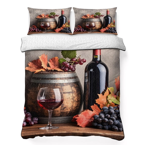Grape Wine Queen Quilt Bedding Set, Barrel Maple Leaf Lightweight Comforter with 2 Pillow Shams Bedroom Bedspread Set Home Decor for All Seasons