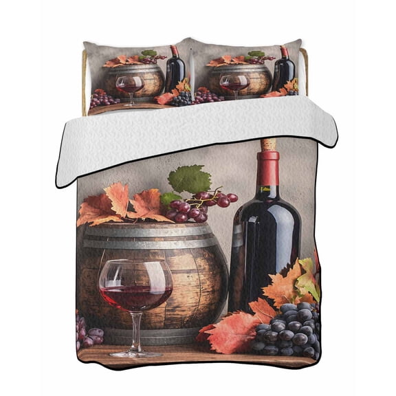 Grape Wine Quilts Bedding Set Twin Size Barrel Maple Leaf Lightweight Quilted Bedspread 3 Piece Bed Quilt with 2 Pillow Shams All Season for Bedroom 68" x 86"