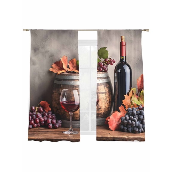 Grape Wine Sheer Curtains 63 Inch Long 2 Panels, Barrel Maple Leaf Vintage Country Light Filtering Rod Pocket Semi Sheer Curtains, Sheer Voile Drapes for Living Room Bedroom, 52"x63"