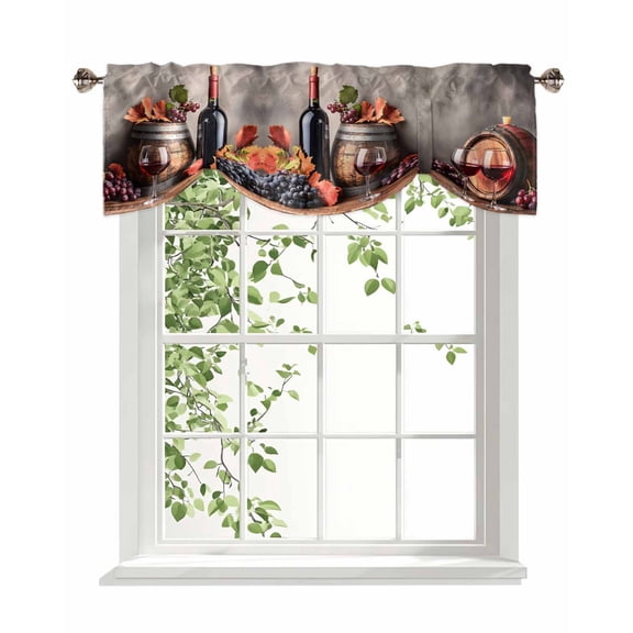 Grape Wine Tie Up Valances Curtain, Adjustable Kitchen Barrel Maple Leaf Valances for Windows Decor, Rod Pocket Short Curtains Set for Bedroom/Bathroom, 54"x18"