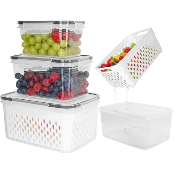 Grape container for refrigerator, 3PCS(0.9-13.5qt) | Leak-proof grape container with removable colander, dishwasher and microwave safe, keep fruits, vegetables, meat fresh longer